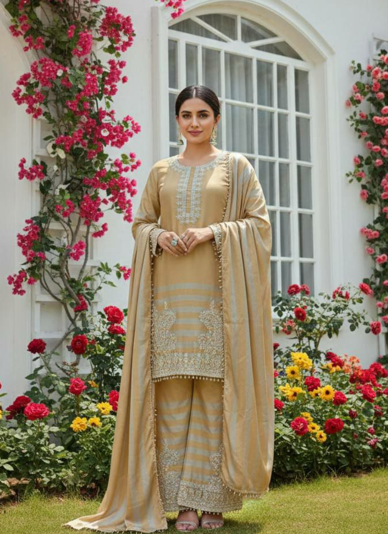Velvet Embroidered Palazzo Suit with Twill Net Dupatta