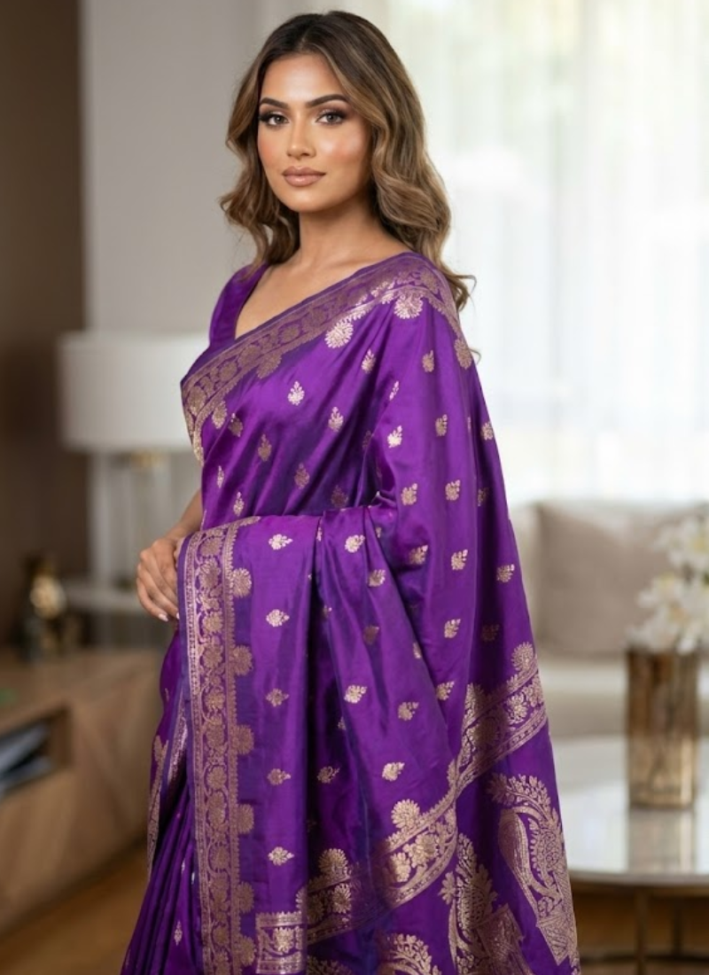 Rich Vibrant Purple Katan Silk Saree with Blouse
