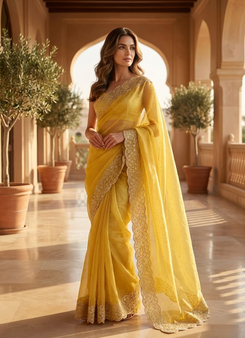 Golden Yellow Silk Saree with Diamond Embroidery, Silver Floral Border & Blouse Piece