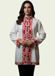 Kashmiri Pashmina Half Coat – Embroidered White 1