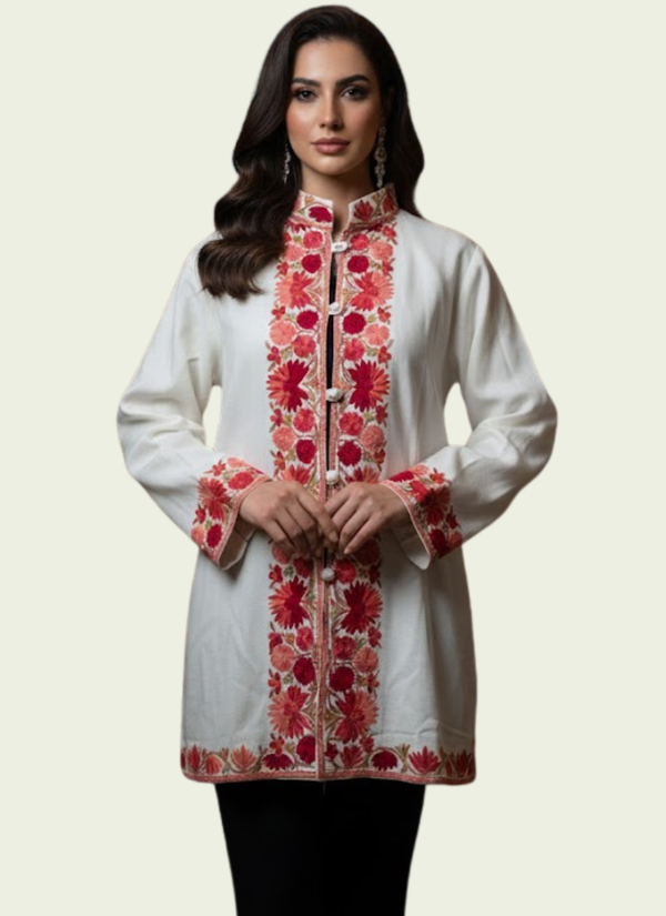Kashmiri Pashmina Half Coat – Embroidered White Australia