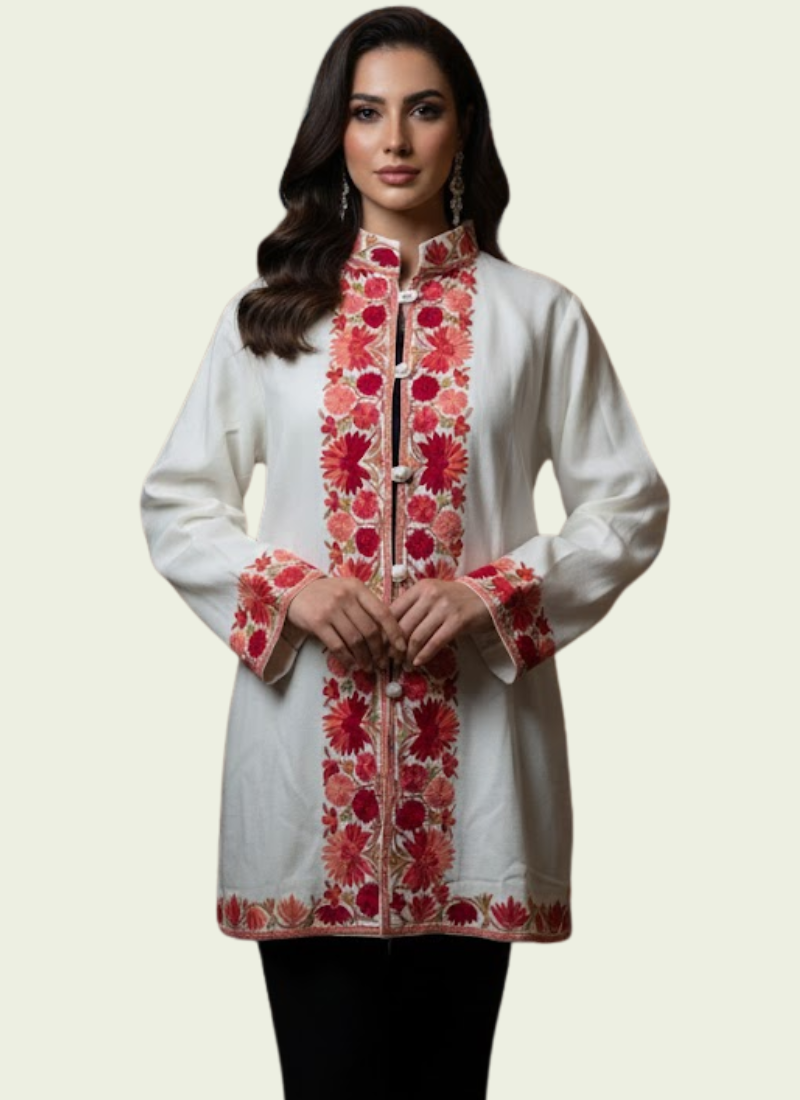 Kashmiri Pashmina Half Coat – Embroidered White