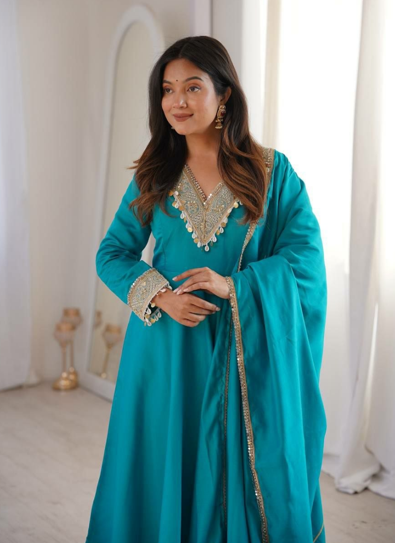 Roman Fabric Gown Set with Dupatta – Embroidery & Lace