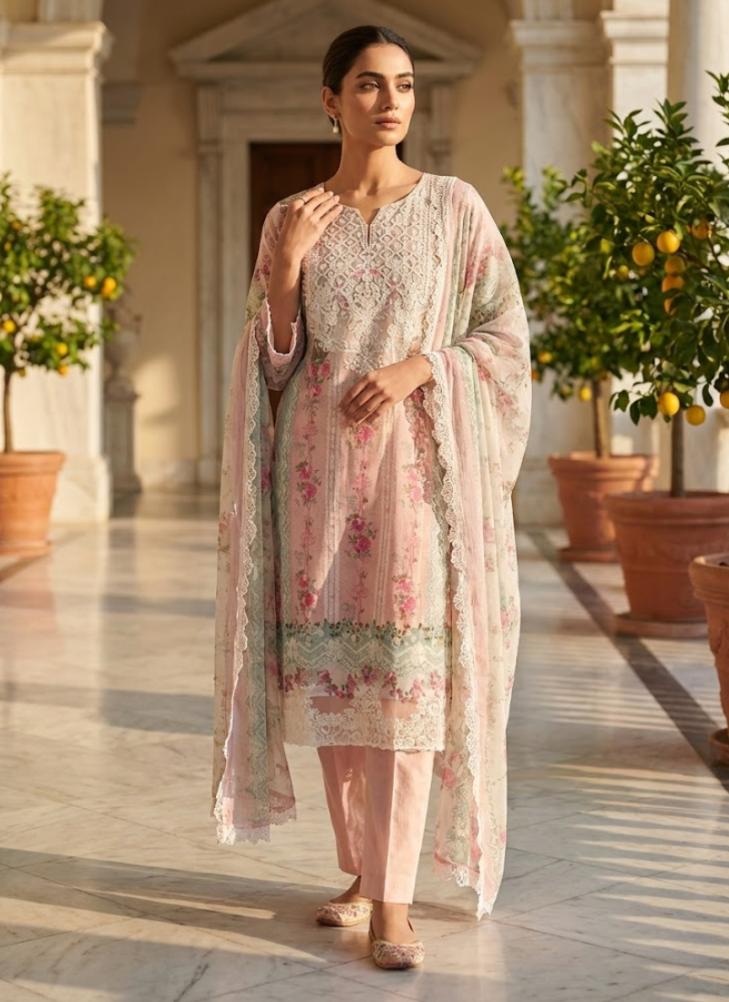 Luxury salwar kameez suit with lawn cotton kameez and salwar, chiffon dupatta, and festive embroidery.
