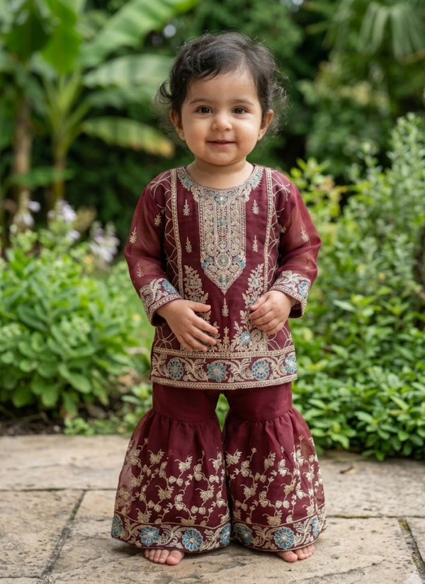 Baby Sharara Set in Raw Silk with Mirror Work
