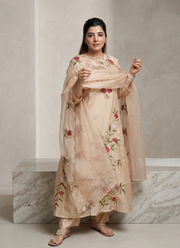 Cream Anarkali Suit in Pure Chanderi Silk with Embroidery + Organza Dupatta 1