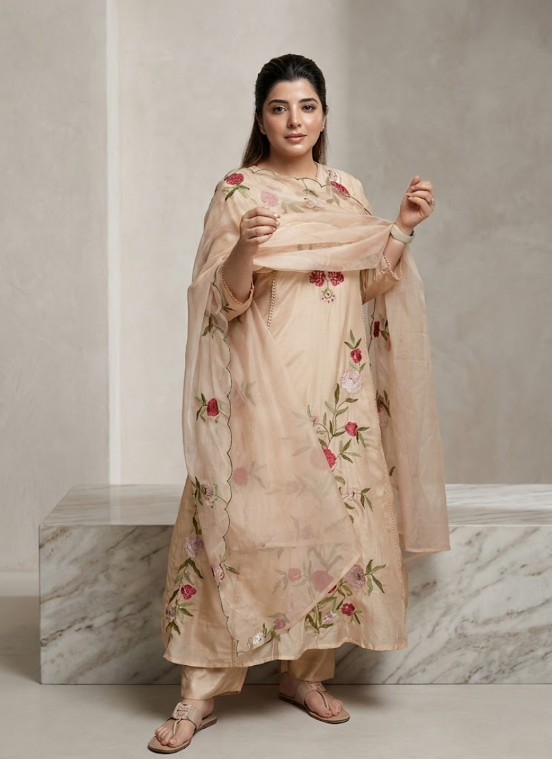 Cream Anarkali Suit in Pure Chanderi Silk with Embroidery + Organza Dupatta