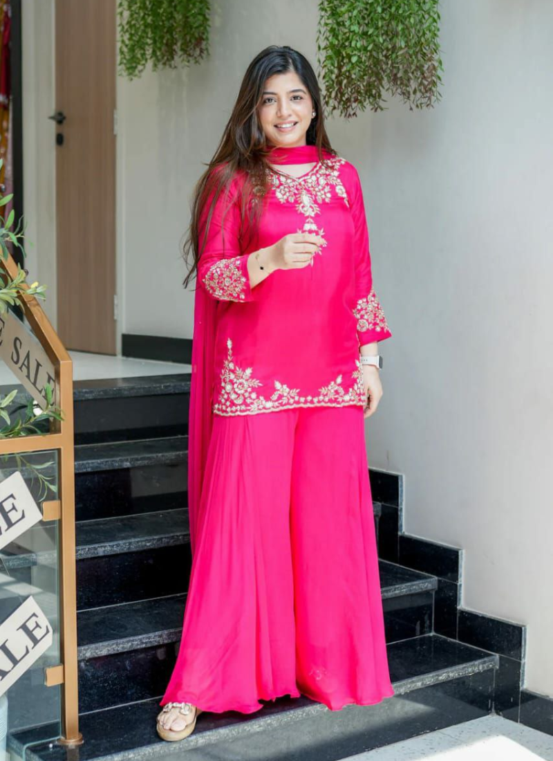 Mul Chanderi Sharara Suit with Handwork & Chiffon Dupatta (4‑Piece Set)