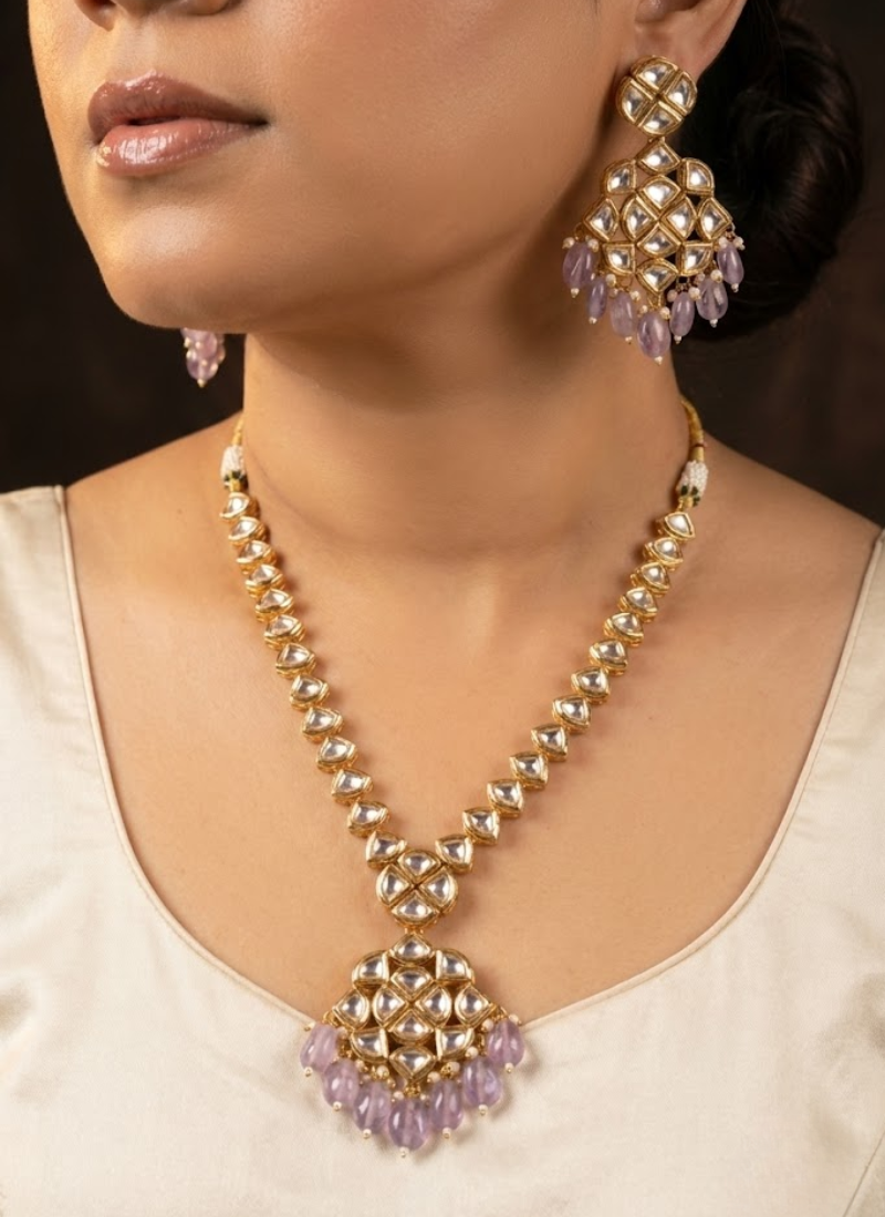 Kundan Necklace Set with Earrings – Purple Beads