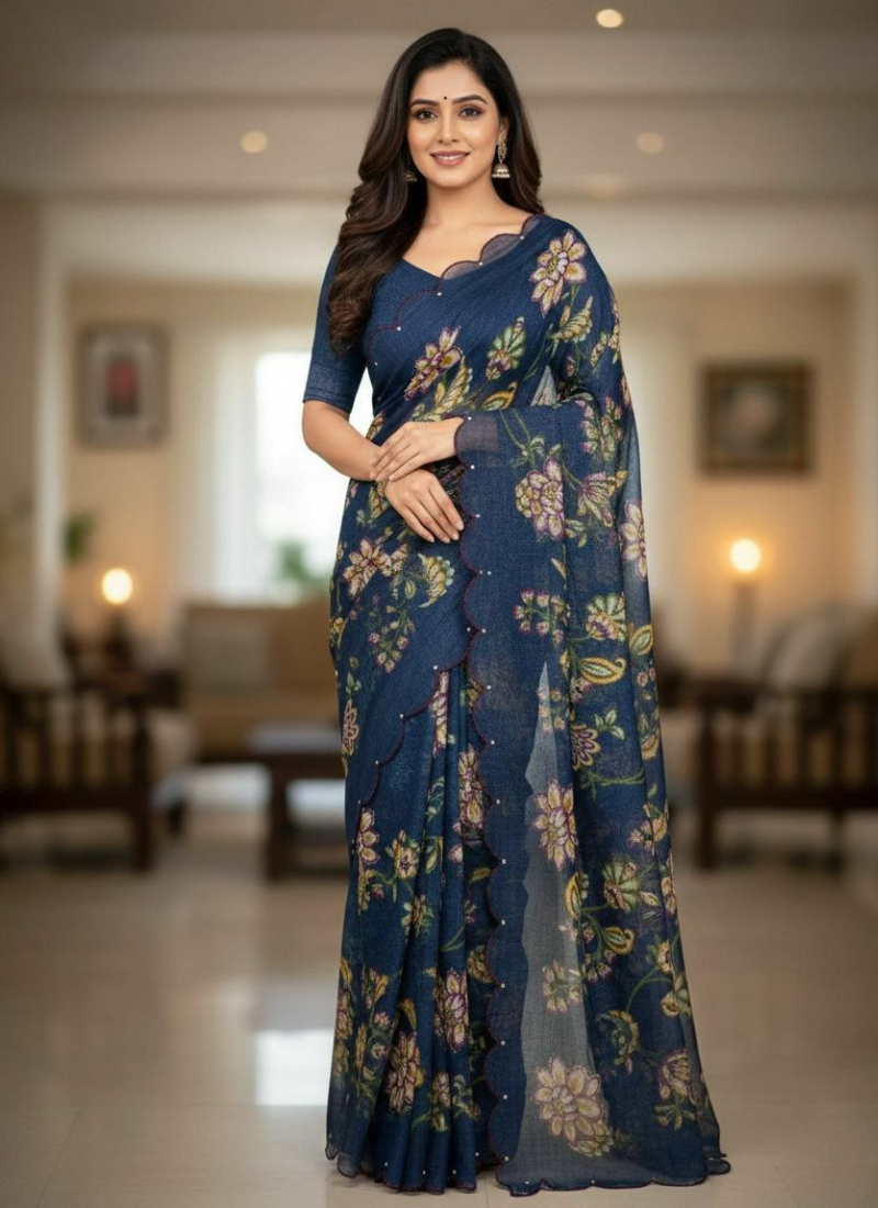 Soft Cotton Indian Saree with Digital Print & Khatli Work Border - View 2