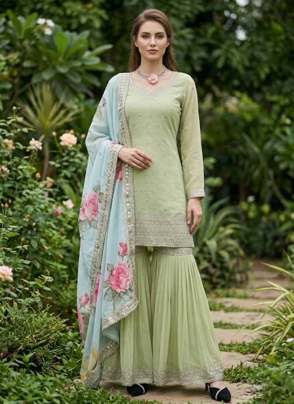 Georgette Sharara Set with Silk Dupatta Glow