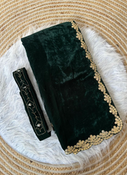 Forest Green Silk Saree in Velvet with Sequins Butti Embroidery, Cutwork & Belt + Blouse 6