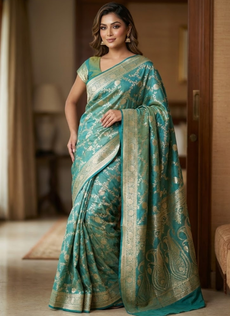 Dual Shaded Green & Gold Katan Silk Saree with Blouse