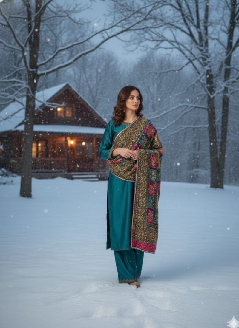 Velvet Winter Shawl with Mirror & Sequence Work – Ladies Shawl