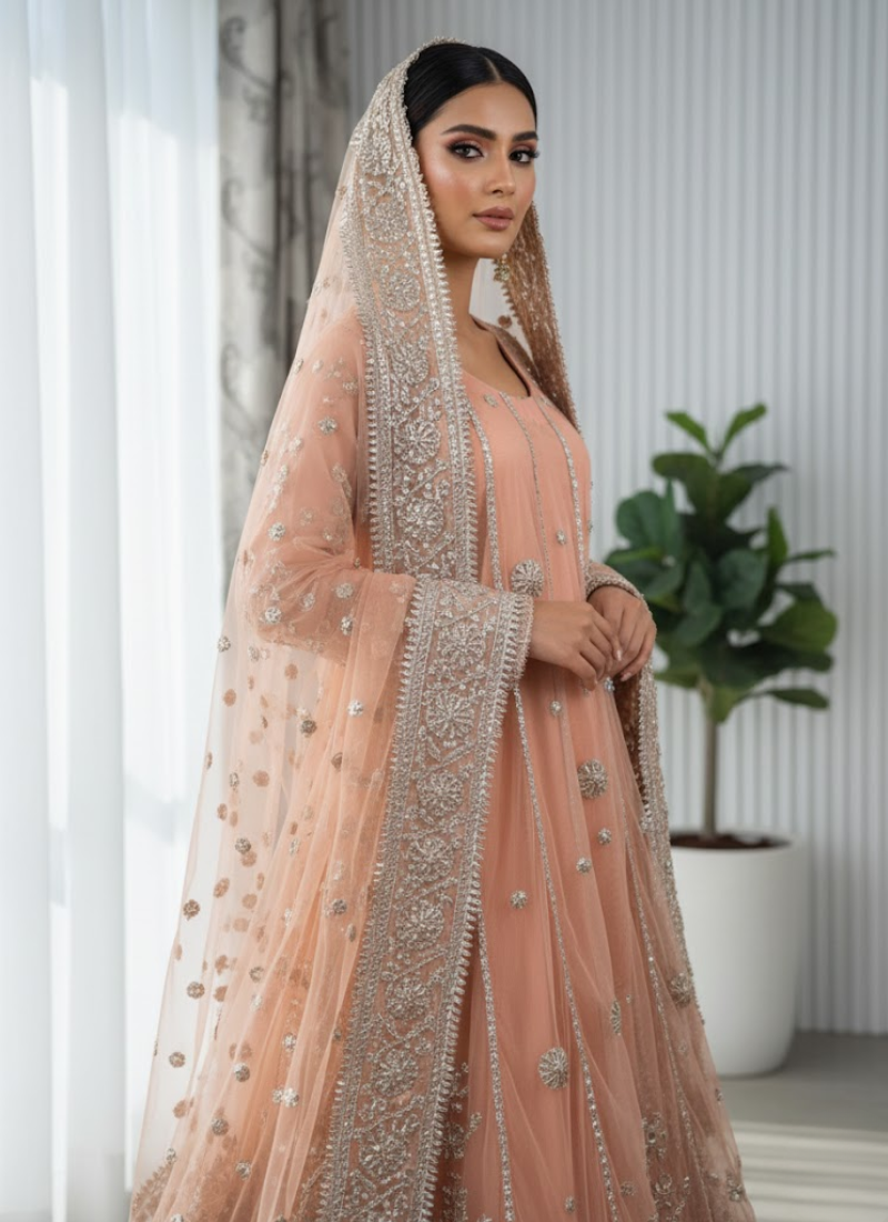 Pakistani Anarkali Dress – Peach Net Gota Patti