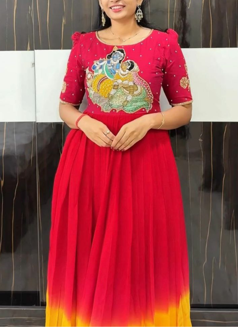 Georgette Kalamkari Anarkali Dress with Maggam Handwork