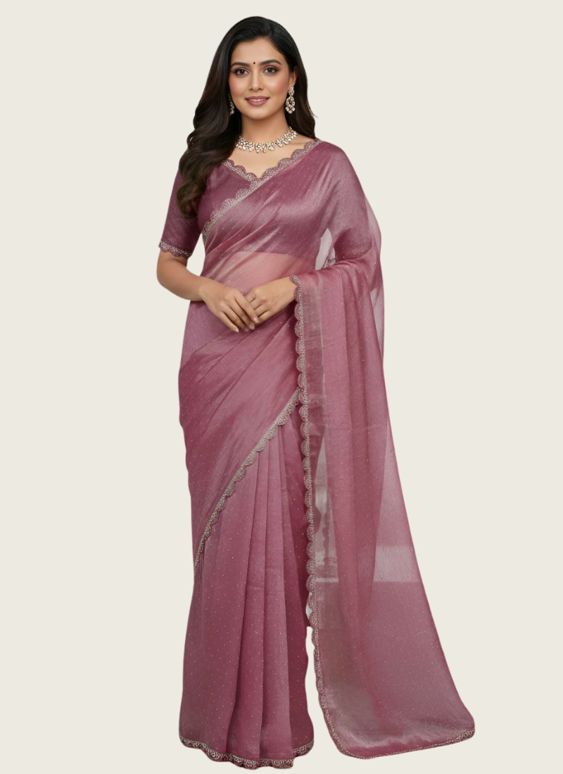 Organza Silk Saree with Handwork Lace Border & Matching Blouse Fabric | Gleemium fashion 