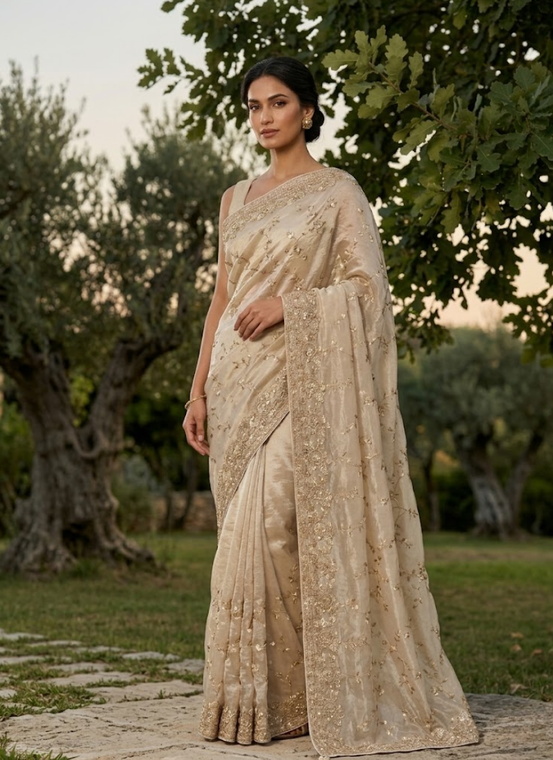 Space Silk Saree – Sequin & Zari Embroidery with Matching Blouse