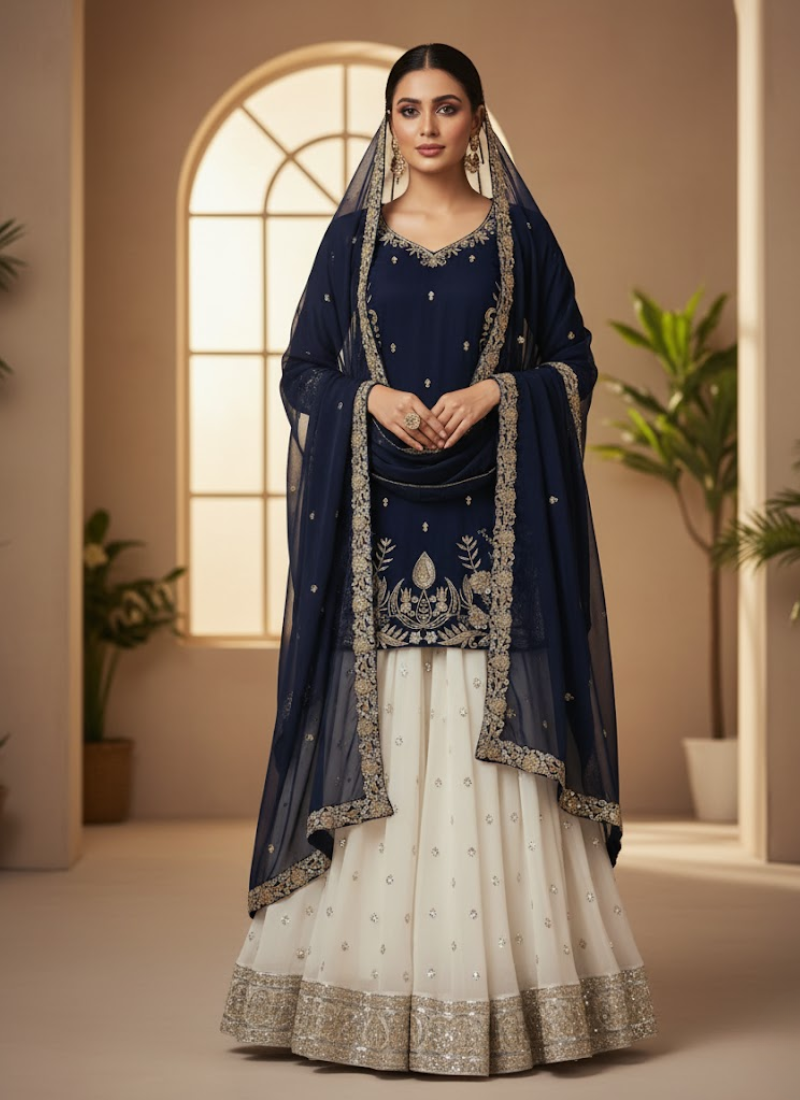 Heavy Faux Georgette Gharara Dress – Embroidered Kurti, Lahenga & Dupatta