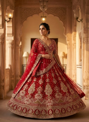 Red Malai Satin Bridal Lehenga Choli with Sequins Embroidery + Organza Silk Dupatta 2