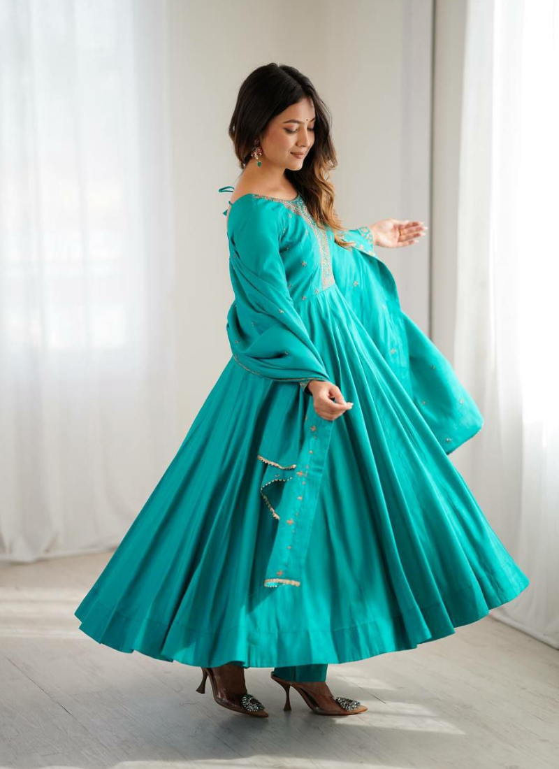 Anarkali Suit in Roman Shimmer Chanderi Silk with Beads Handwork + Embroidered Dupatta