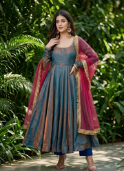 Designer Sindoor Silk Anarkali Gown Set – Mirror Lace with Dupatta & Bottom 2