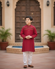 Kids Red Linen Kurta with Embroidery & White Cotton Pyjama 2
