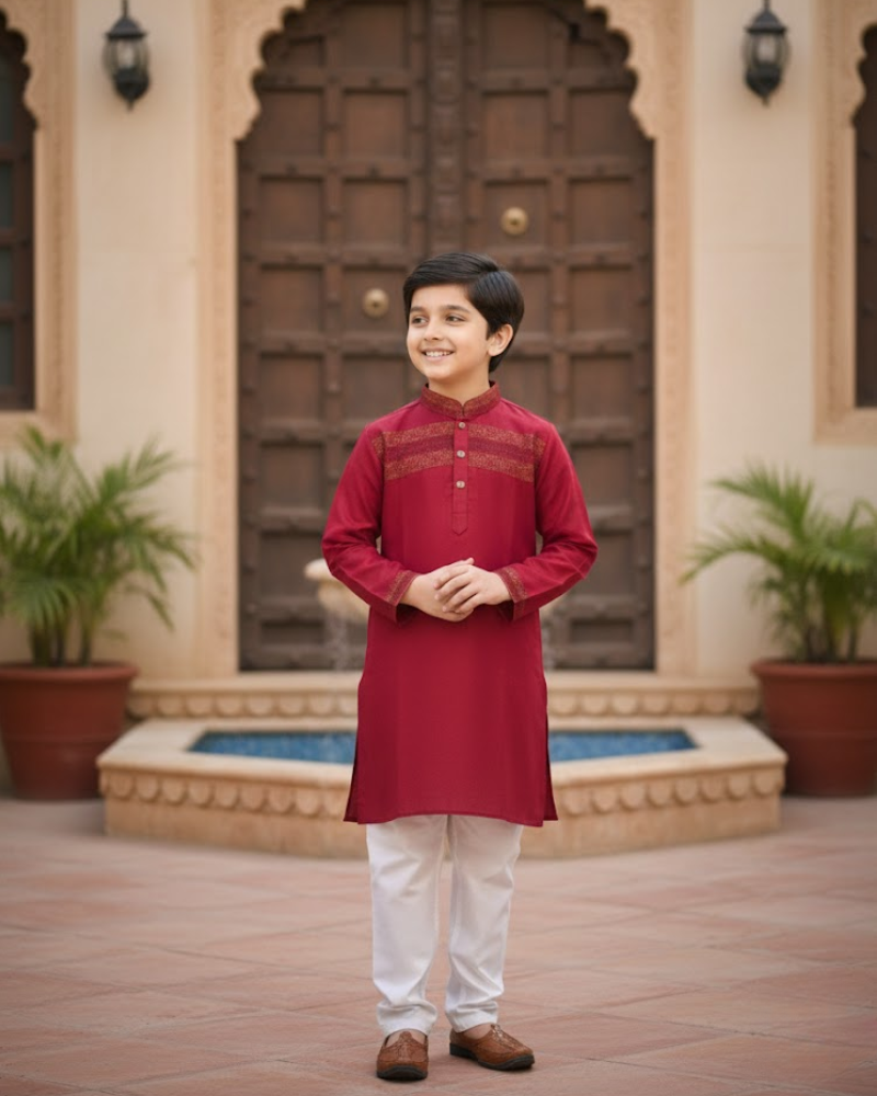 Kids Red Linen Kurta with Embroidery & White Cotton Pyjama