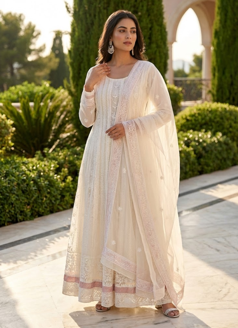 White Handmade Lucknowi Anarkali in Maslin Organza