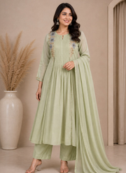 Pure Mul Chanderi Kurta Pant Dupatta Set | Indian Occasion Wear Online Australia 10