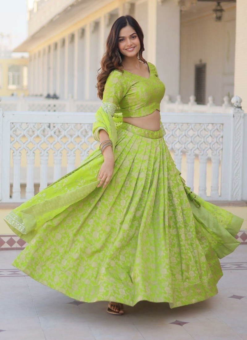 Green Viscose Jacquard Lehenga Choli with Sequins Embroidery + Silk Dupatta