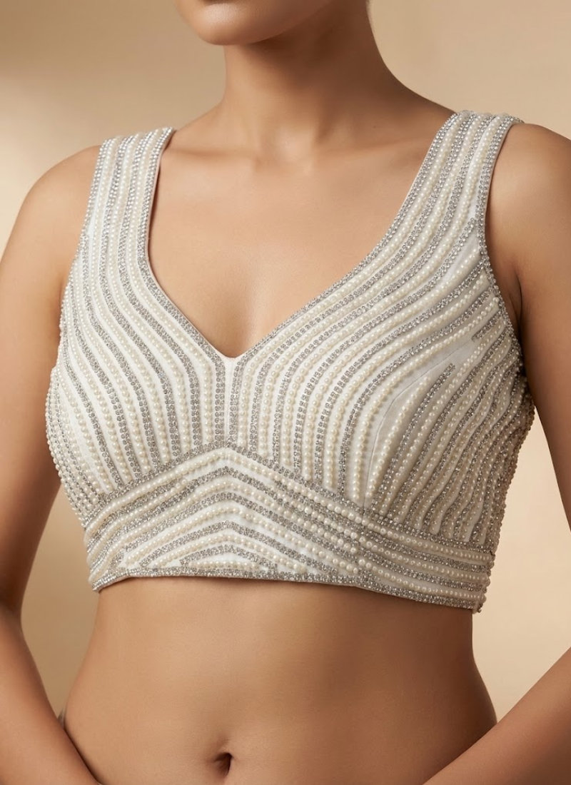 Women’s pure silk blouse with sleeveless cut, heavy pearl work, padded fit, and traditional detailing.