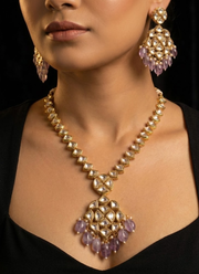 Long Kundan Necklace with Earrings – Light Purple Beads 4