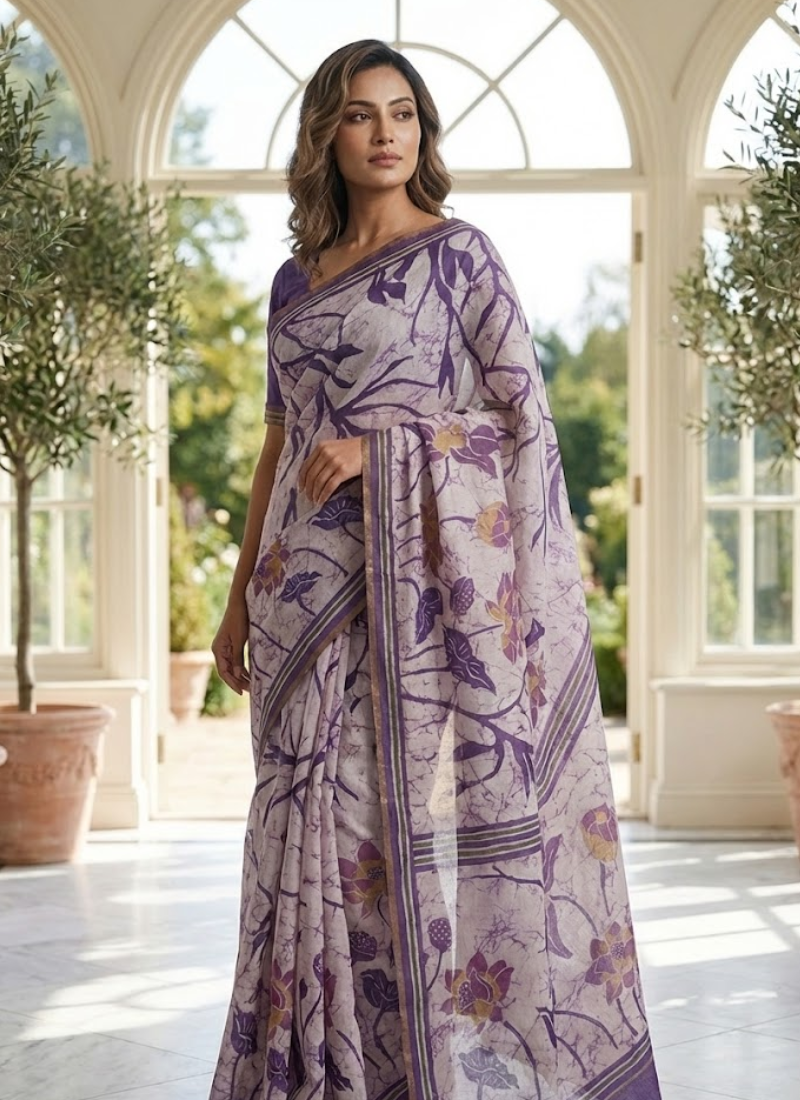 Dhanwari Silk Saree with Floral Print & Zari Border + Contrast Blouse