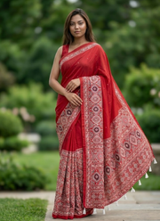 Ajrak Printed Silk Saree – Digital Print with Real Mirror Handwork & Satin Blouse 2