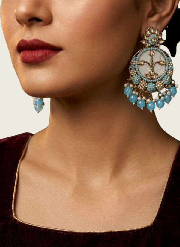 Sky Blue Kundan Chandbali with Moti Work, premium ethnic jewellery Perth Australia