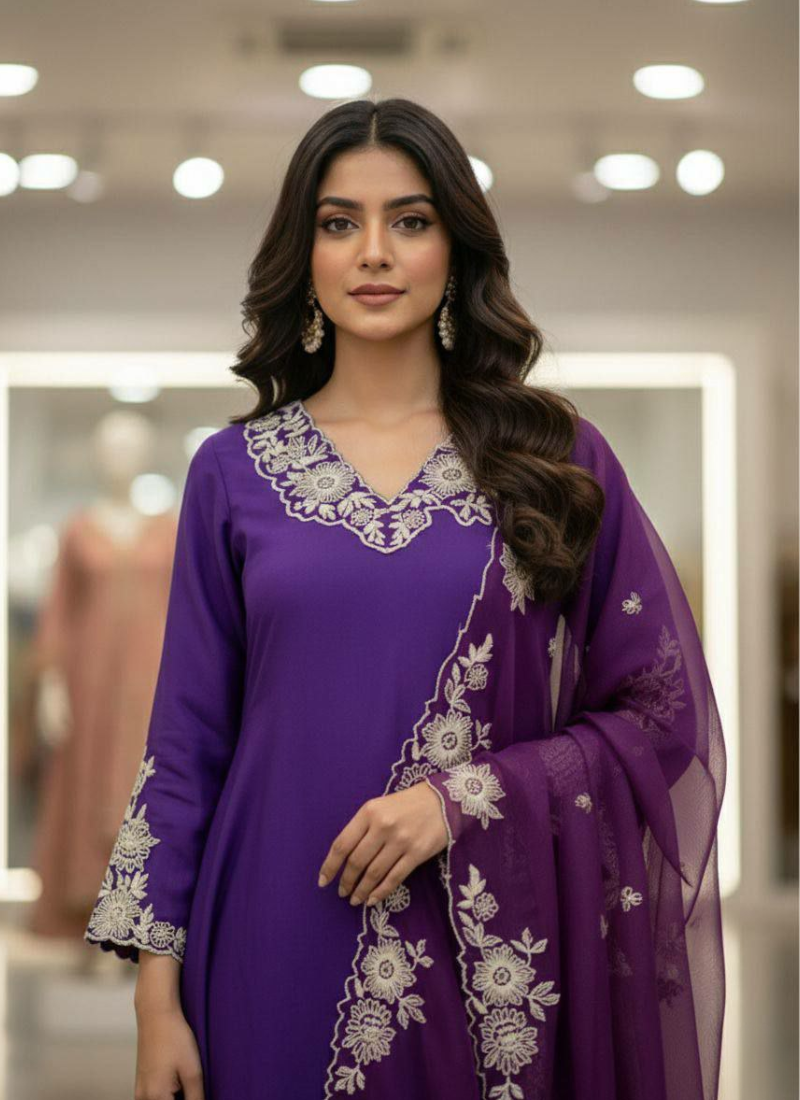 Punjabi Suit in Roman Silk with Embroidery Work + Organza Dupatta