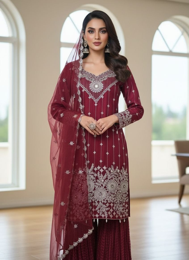 Maroon Pakistani Salwar Suit – Organza with Silver Embroidery