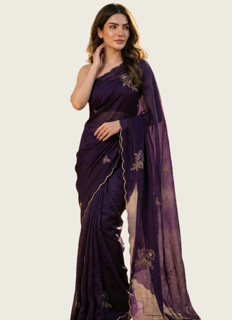Dark Purple Silk Saree with Katdana & Pearl Handwork + Blouse Piece