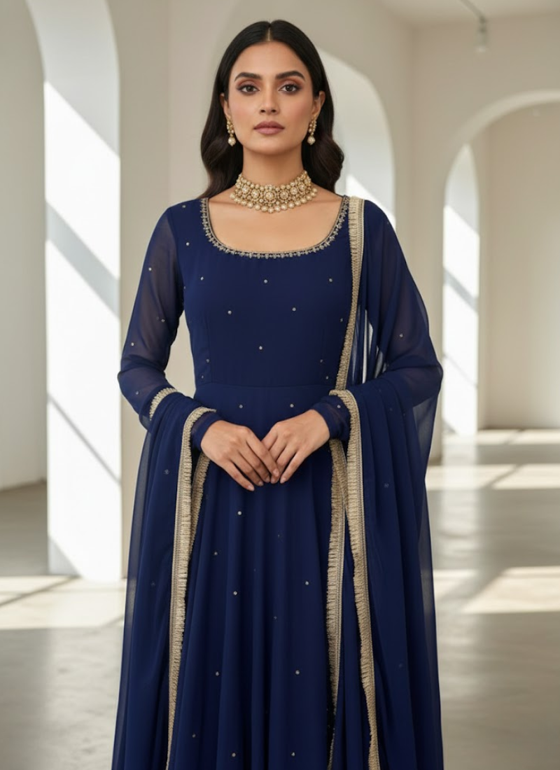 Anarkali Suit in Faux Georgette with Handwork Embroidery + Diamond Lace Dupatta