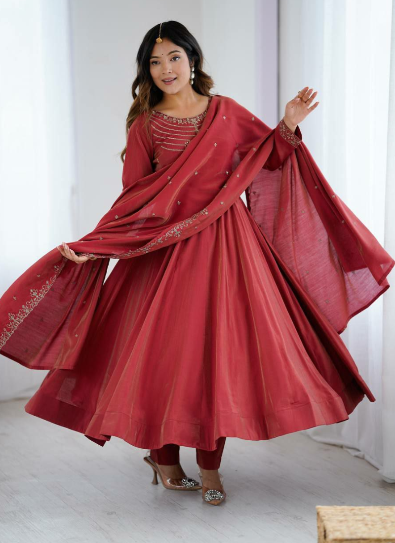 Roman Shimmer Chanderi Silk Anarkali Suit with Beads Work & Dupatta