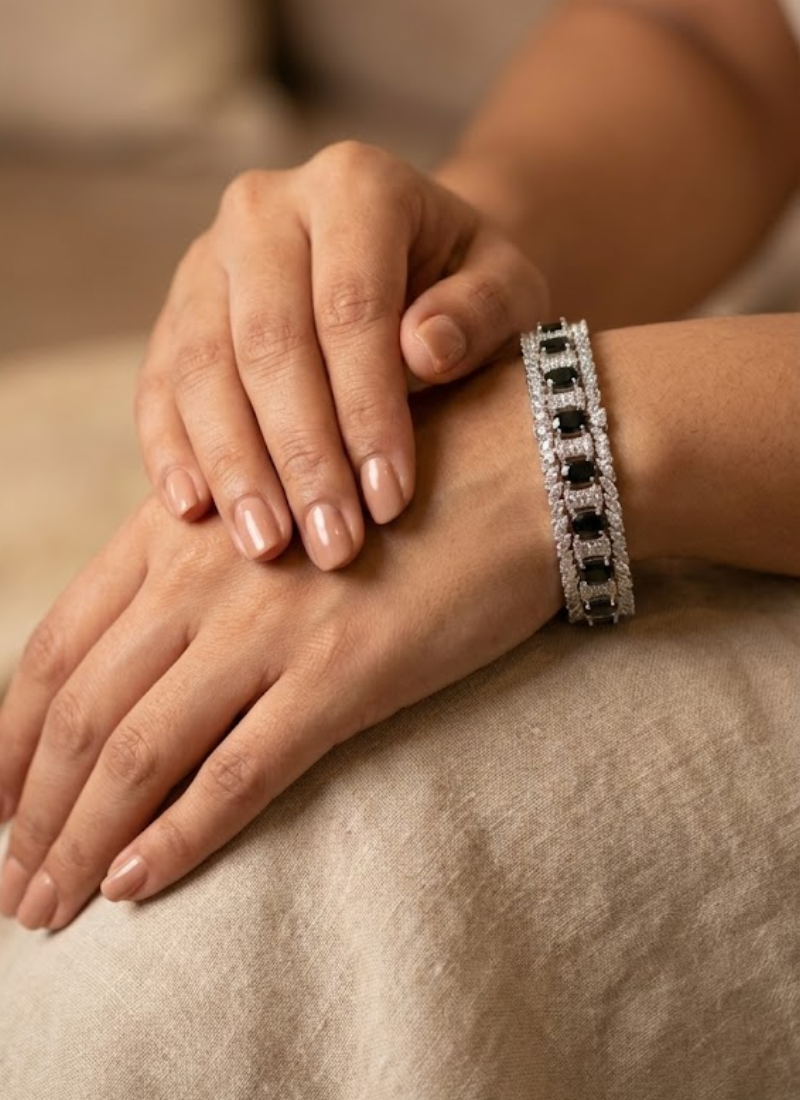 Diamond cut stone bracelet for women with white and black accents, bridal jewelry in silver finish.