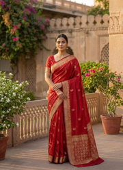 Red Banarasi Katan Silk Saree – Zari Work with Blouse Piece 3