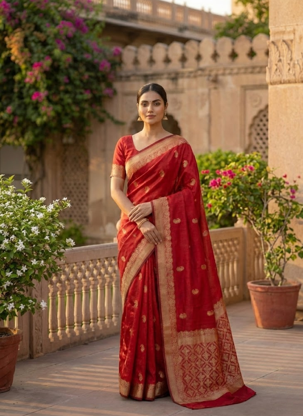 Red Banarasi Katan Silk Saree – Zari Work with Blouse Piece