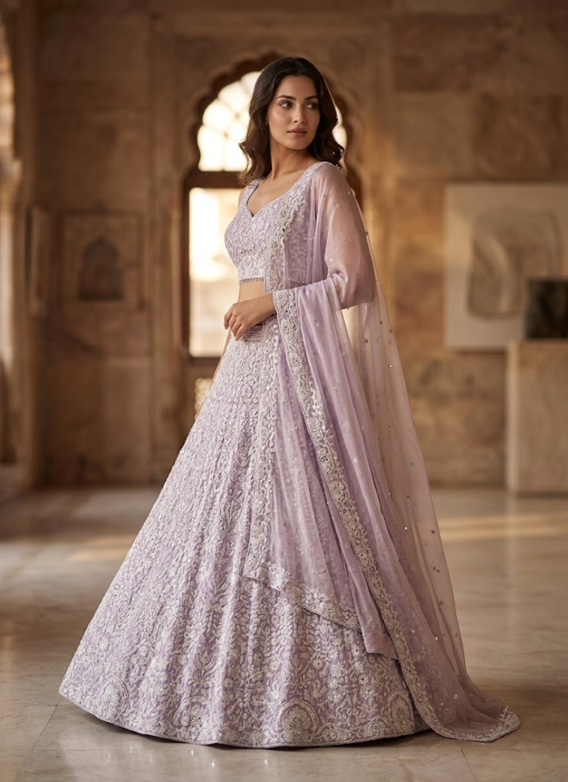 Silk Georgette Lehenga Choli with Mirror Work