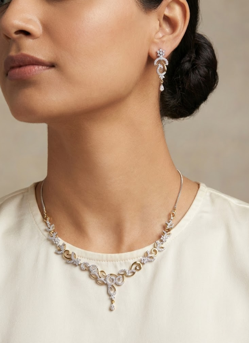 Silver & Gold Necklace Set with Earrings and Diamond Cut Stones