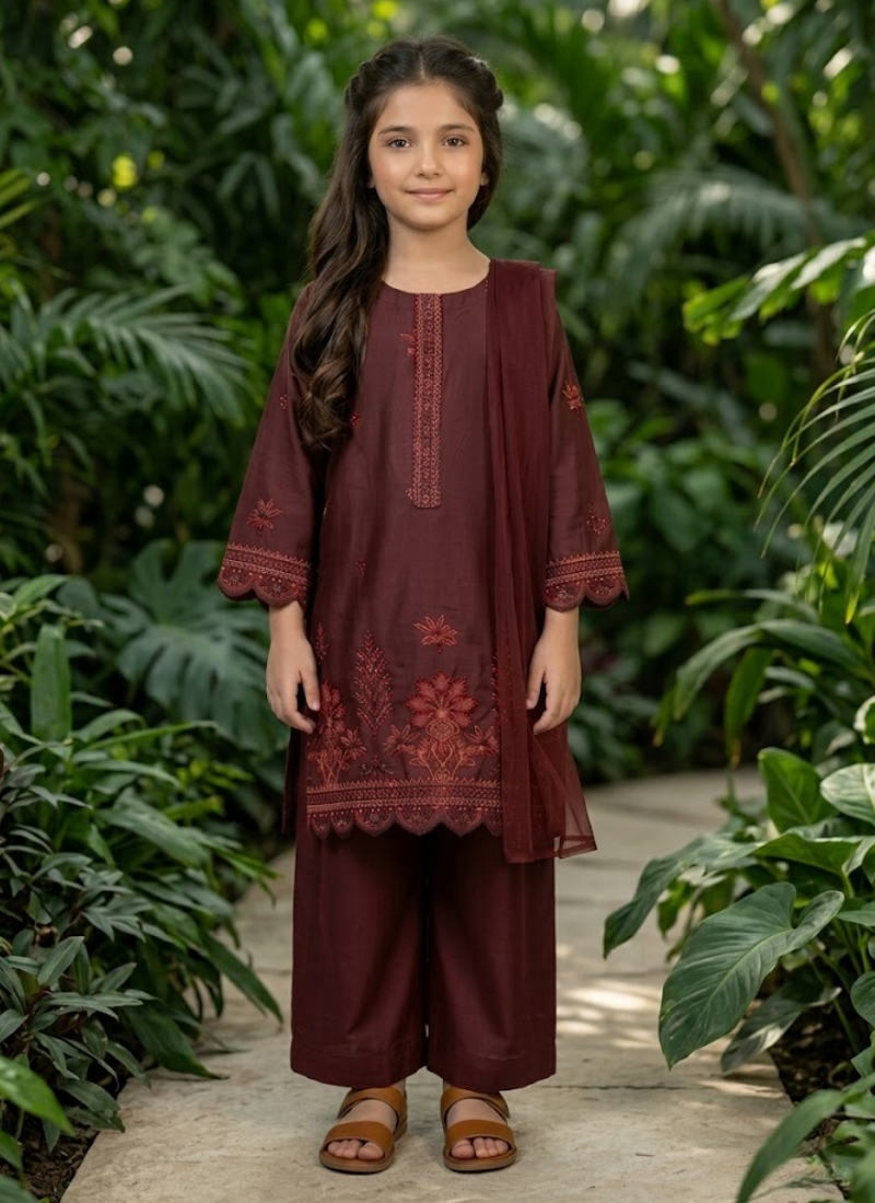 Girl’s 3‑Piece Embroidered Chiffon Midi Shirt Set