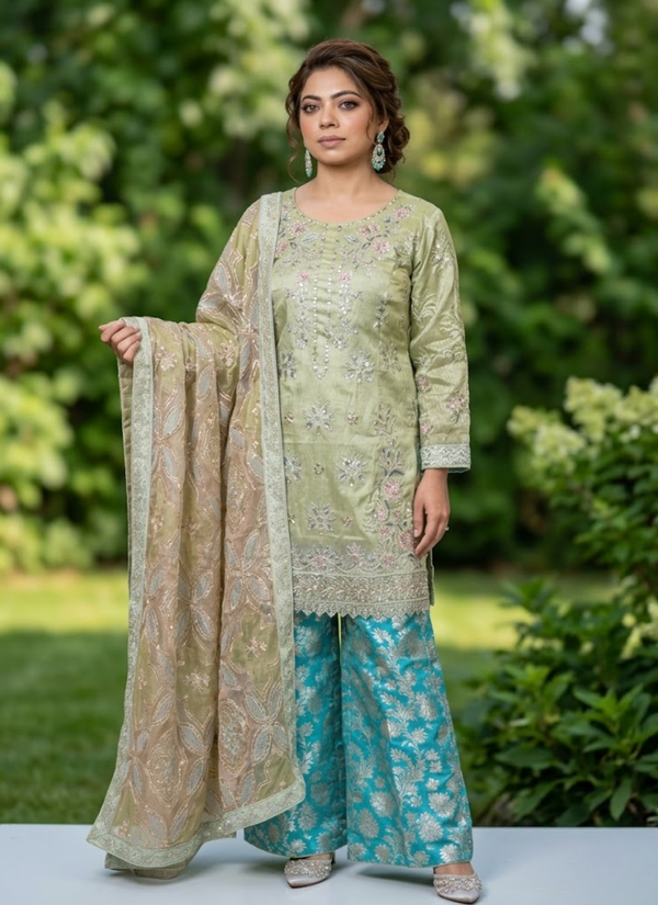 White Farshi Salwar Suit with Embroidery