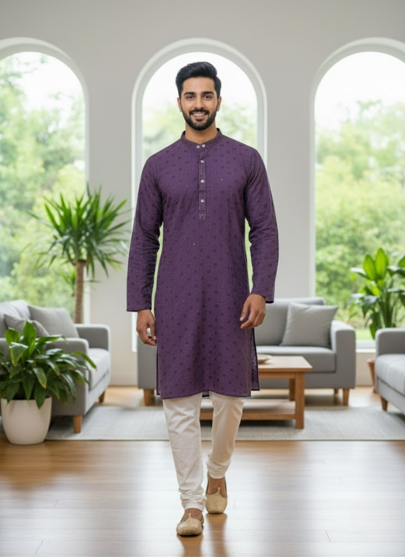 Men’s Kurta – Light Purple Linen Cotton with Embroidery