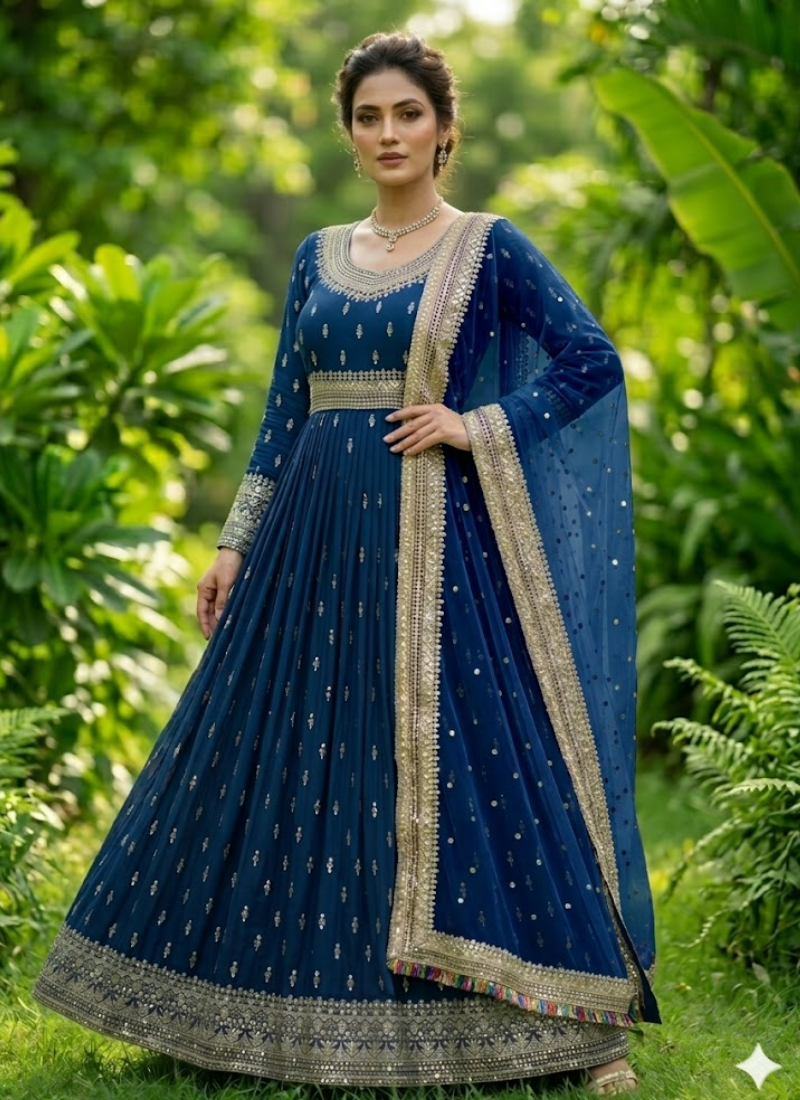 Heavy Chinon Silk Gown Set with Butterfly Net Dupatta